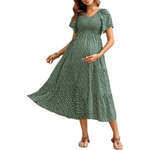 Maternity Dress Summer Casual Flutter Sleeve V-Neck A-Line Baby Shower